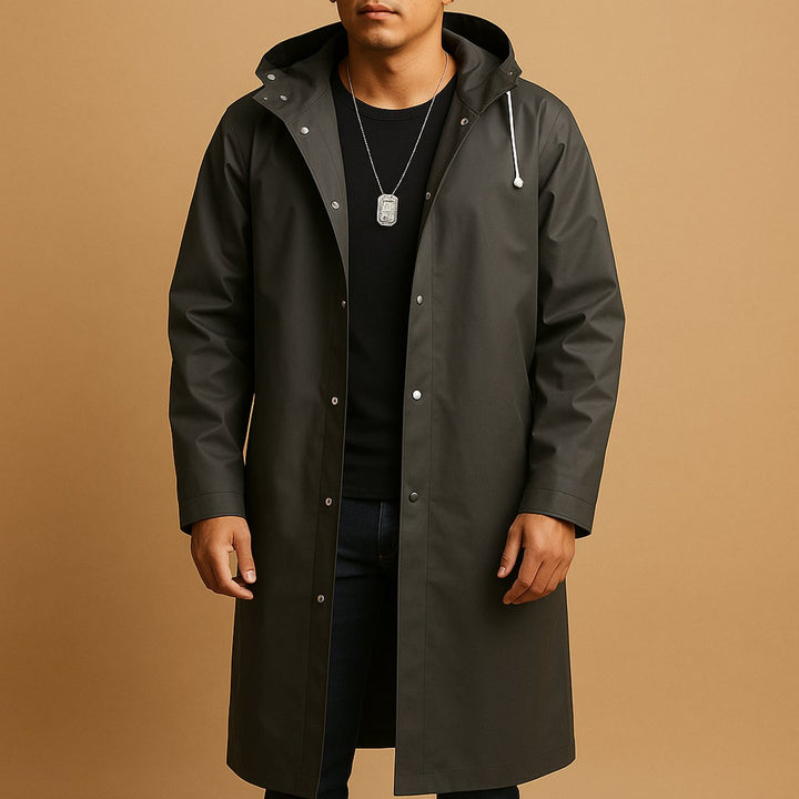 Men's Waterproof Hooded Long Rain Jacket EVA Snap-Button