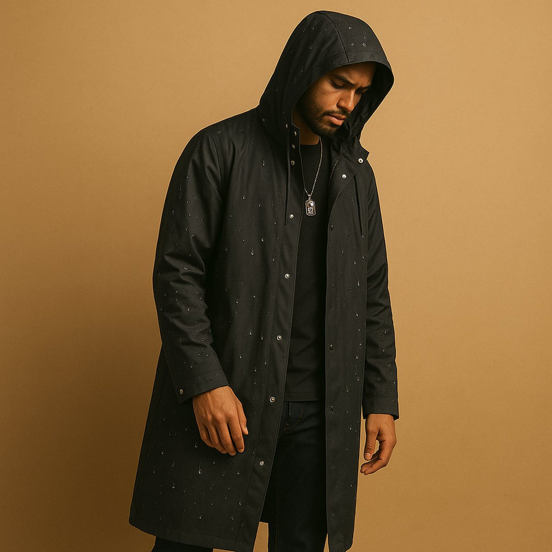 Men's Waterproof Hooded Long Rain Jacket EVA Snap-Button