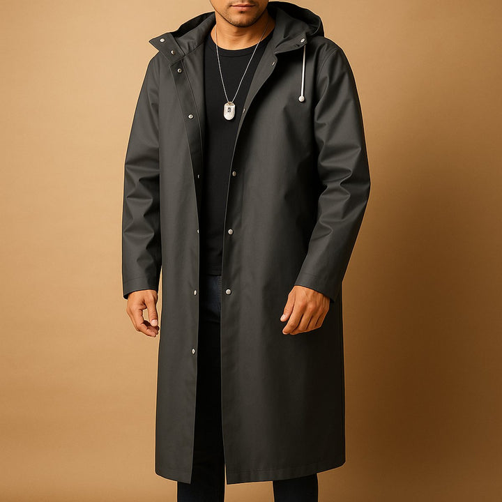 Men's Waterproof Hooded Long Rain Jacket EVA Snap-Button - Black
