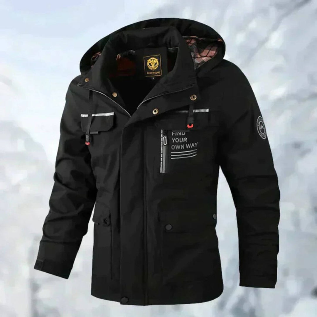 Men's Waterproof Hooded Quilted Jacket Windproof Outdoor Parka - Black