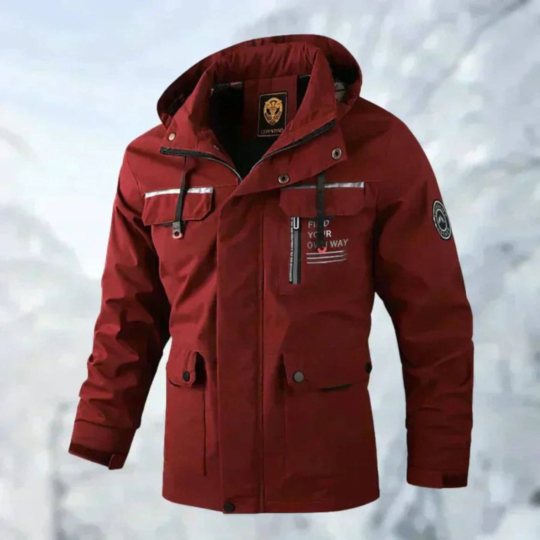 Men's Waterproof Hooded Quilted Jacket Windproof Outdoor Parka - Red