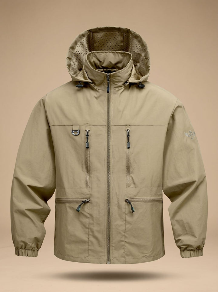 Men's Waterproof Hooded Windproof Outdoor Jacket Multi-Pocket - Khaki