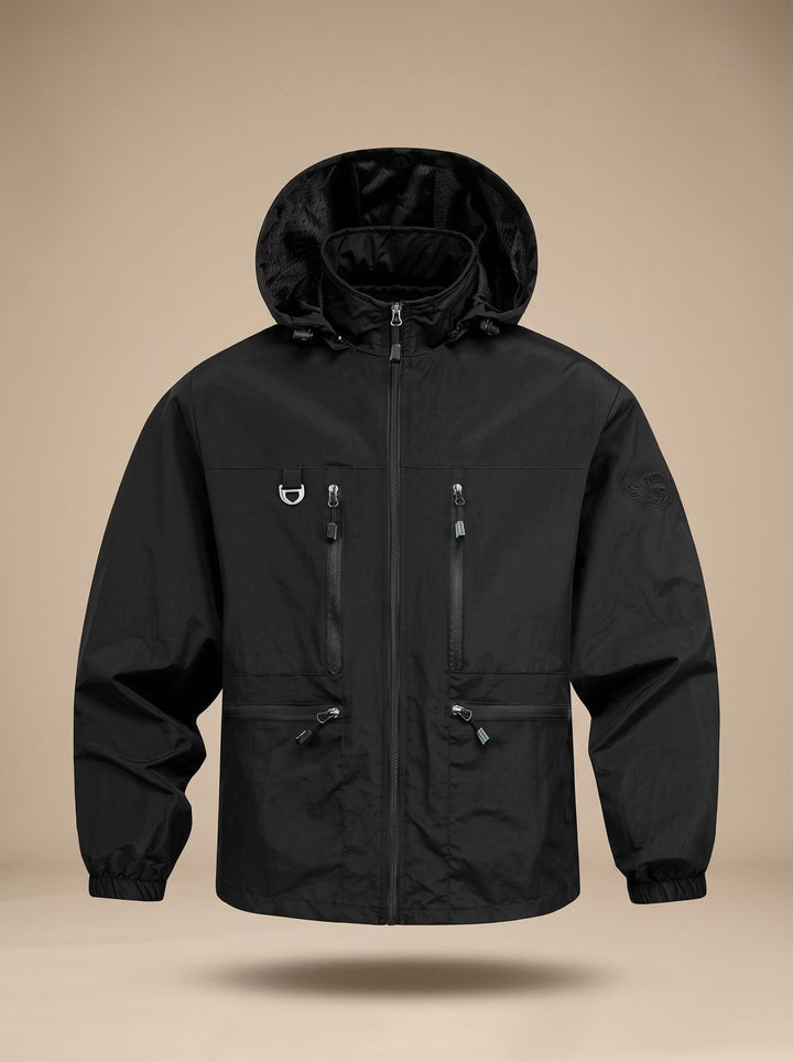 Men's Waterproof Hooded Windproof Outdoor Jacket Multi-Pocket - Black