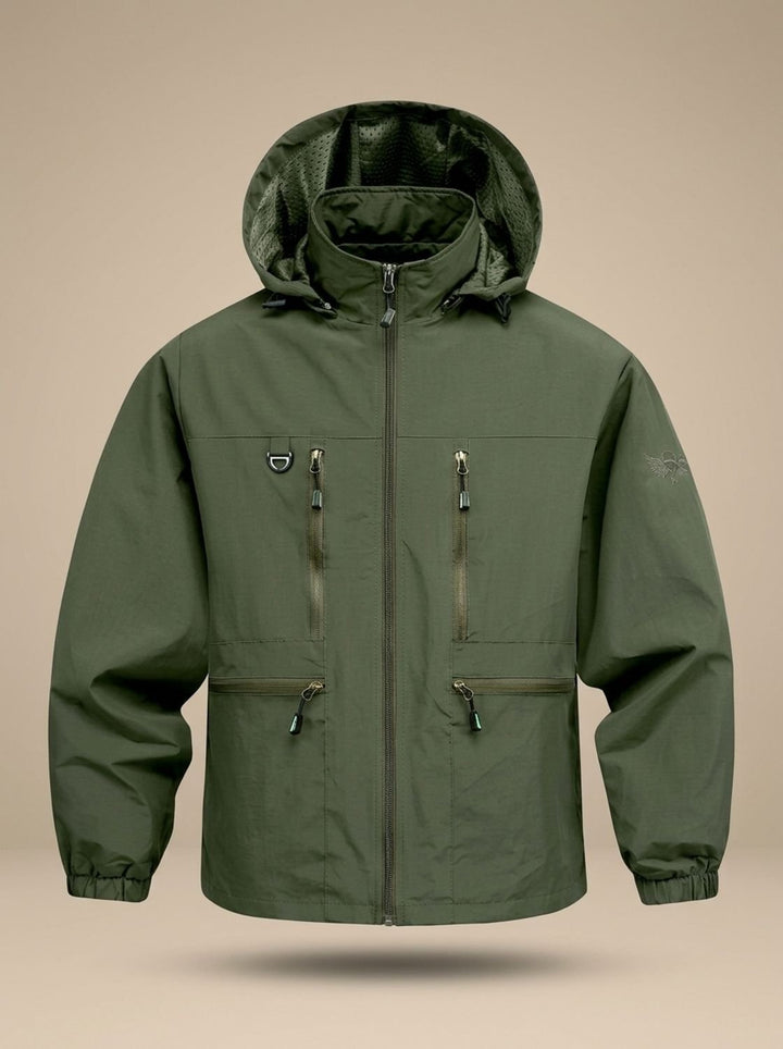 Men's Waterproof Hooded Windproof Outdoor Jacket Multi-Pocket - Military Green