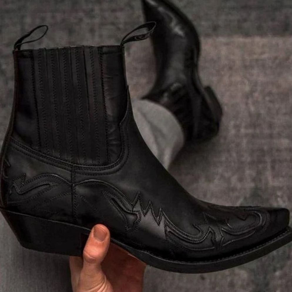 Men's Western Cowboy Embroidered Pointed-Toe Chelsea Style Boots - Black