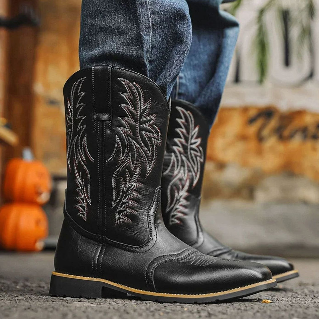 Men's Western Embroidered Leather Cowboy Boots Square Toe