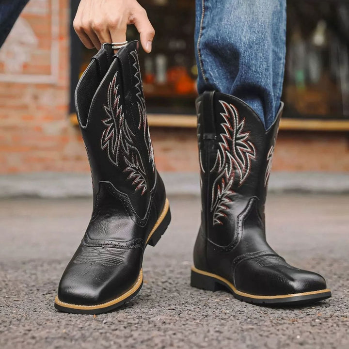 Men's Western Embroidered Leather Cowboy Boots Square Toe