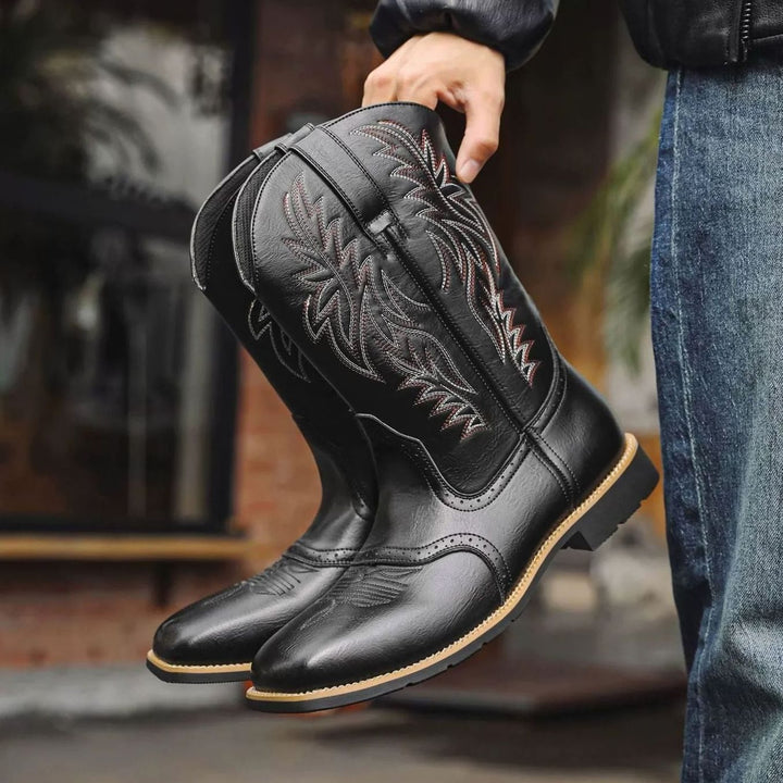 Men's Western Embroidered Leather Cowboy Boots Square Toe - Black