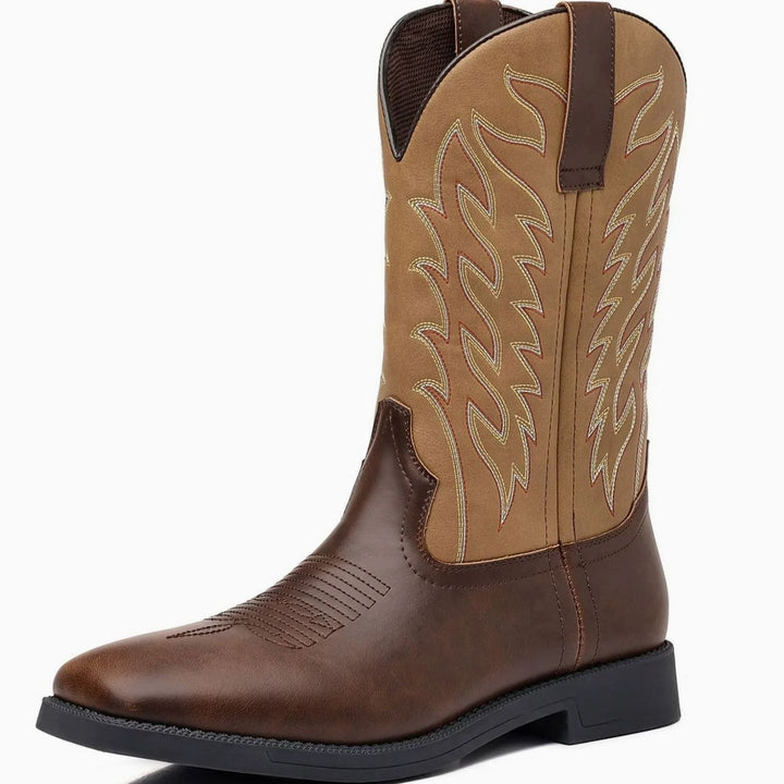 Men's Western Embroidered Leather Cowboy Boots Square Toe - Khaki Brown