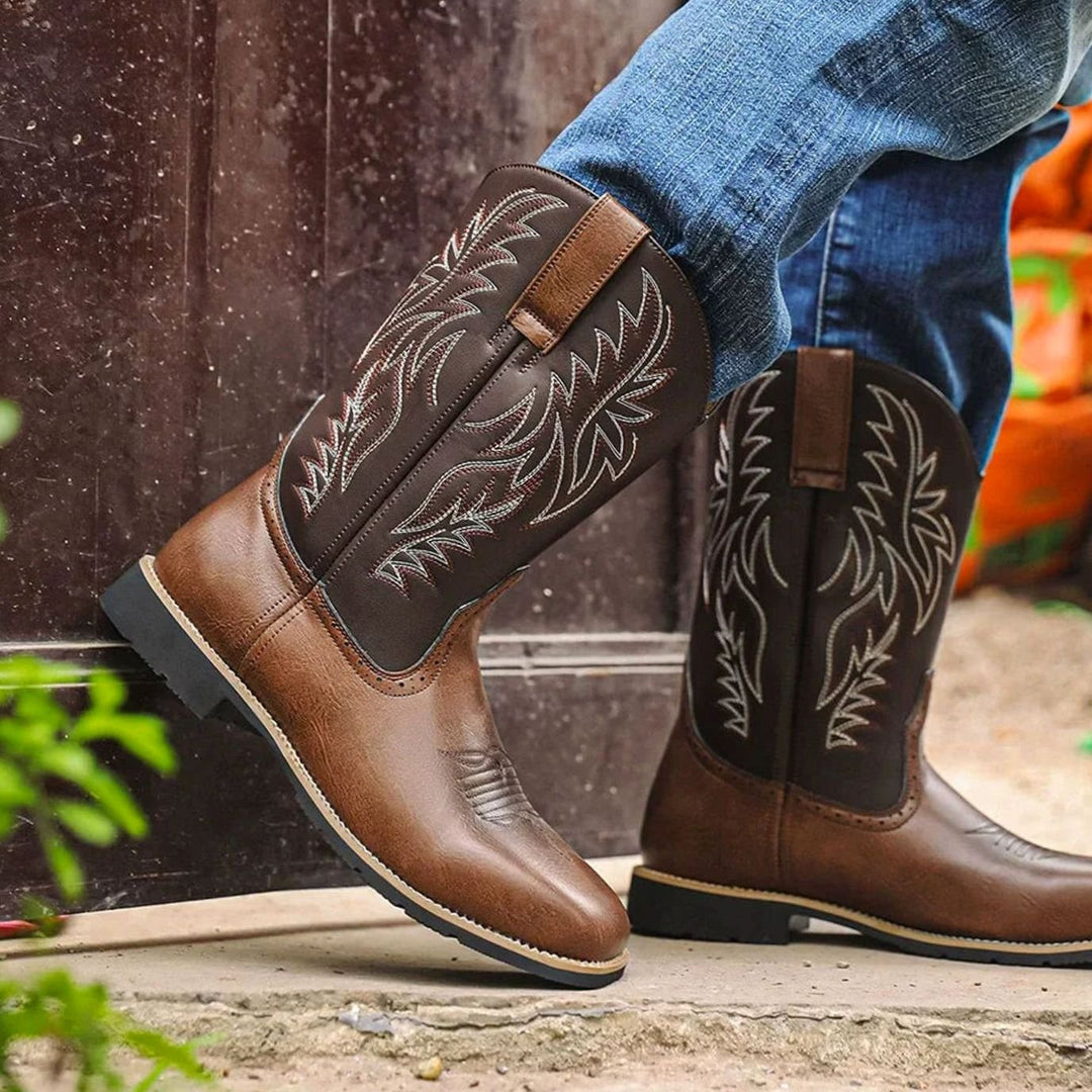 Men's Western Embroidered Leather Cowboy Boots Square Toe