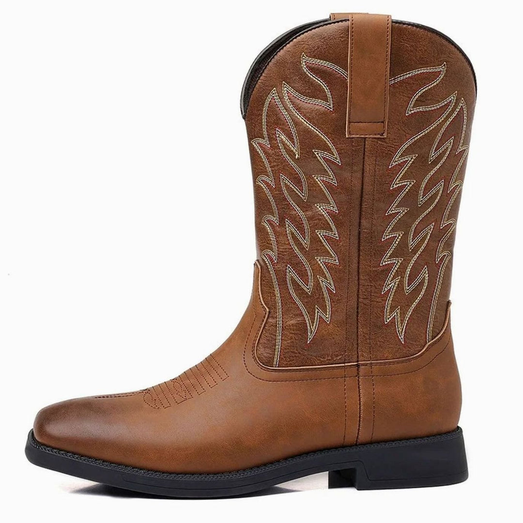 Men's Western Embroidered Leather Cowboy Boots Square Toe - Brown