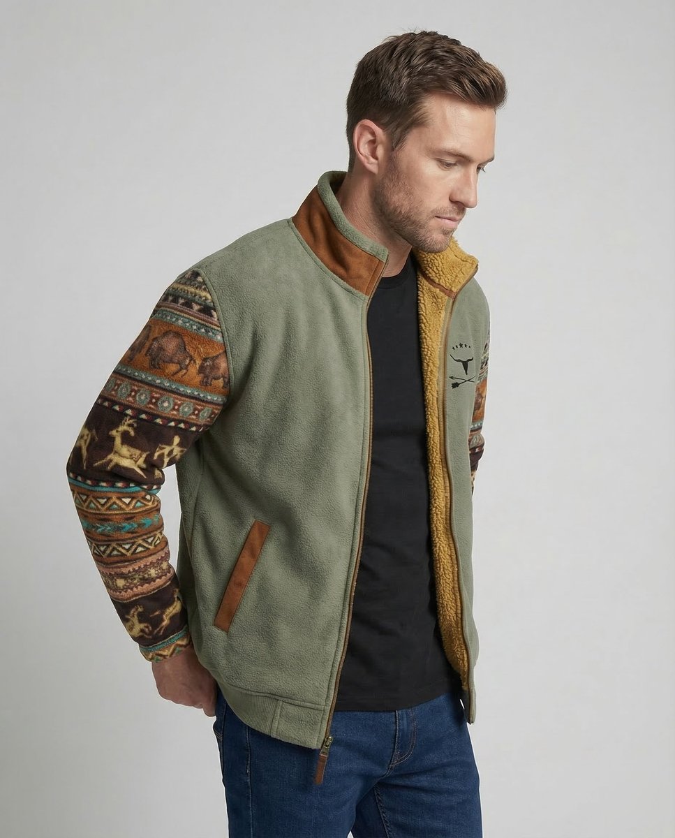 Men's Western Sherpa-Lined Full-Zip Fleece Bomber Jacket