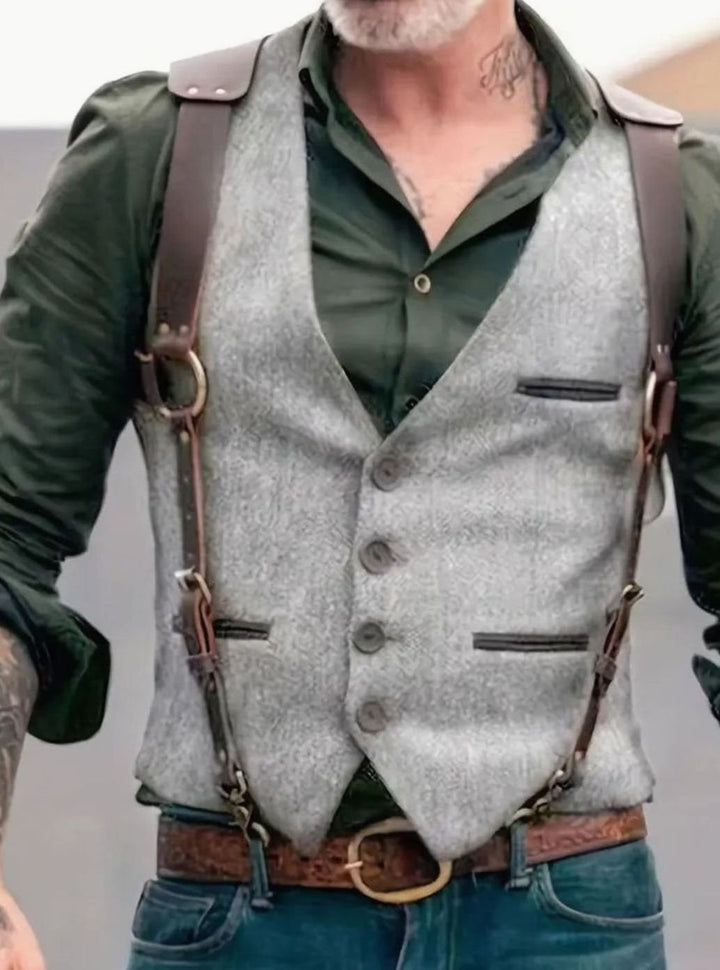 Men's Western Suede Look Vest Leather Strap Button-Front - Light Grey
