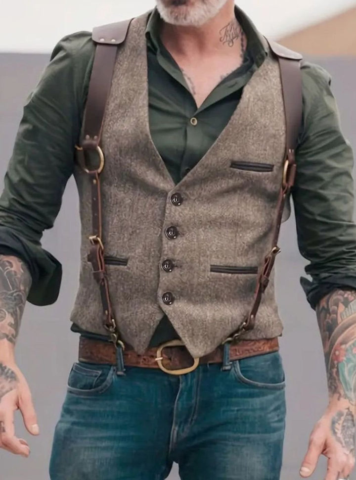 Men's Western Suede Look Vest Leather Strap Button-Front - Light Brown
