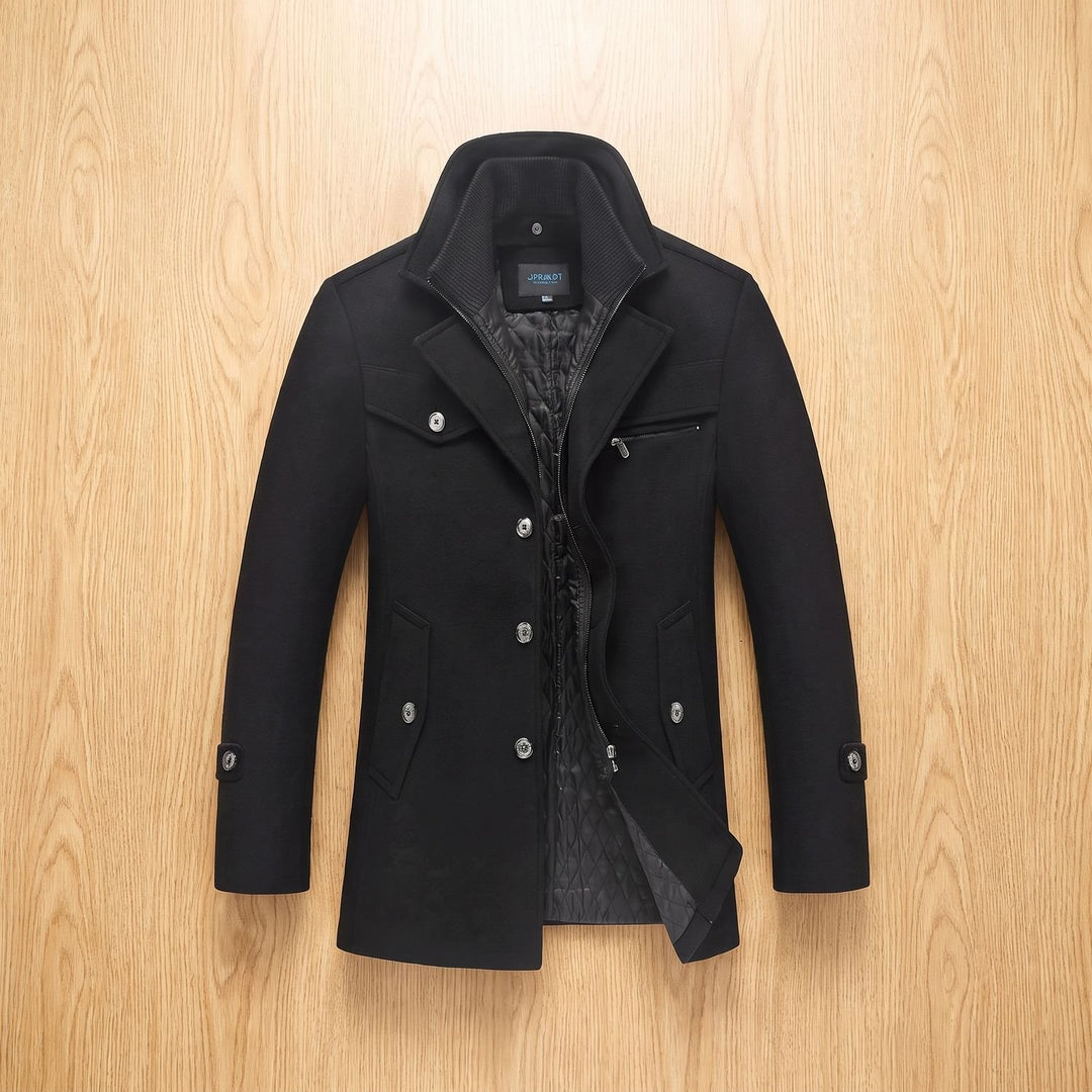 Men's Wool-Blend Button-Front Insulated Winter Coat - Black