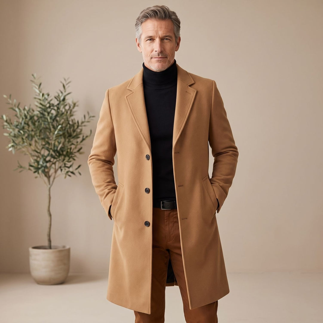 Men's Wool Blend Long Overcoat Notch-Lapel Button-Front - Beige