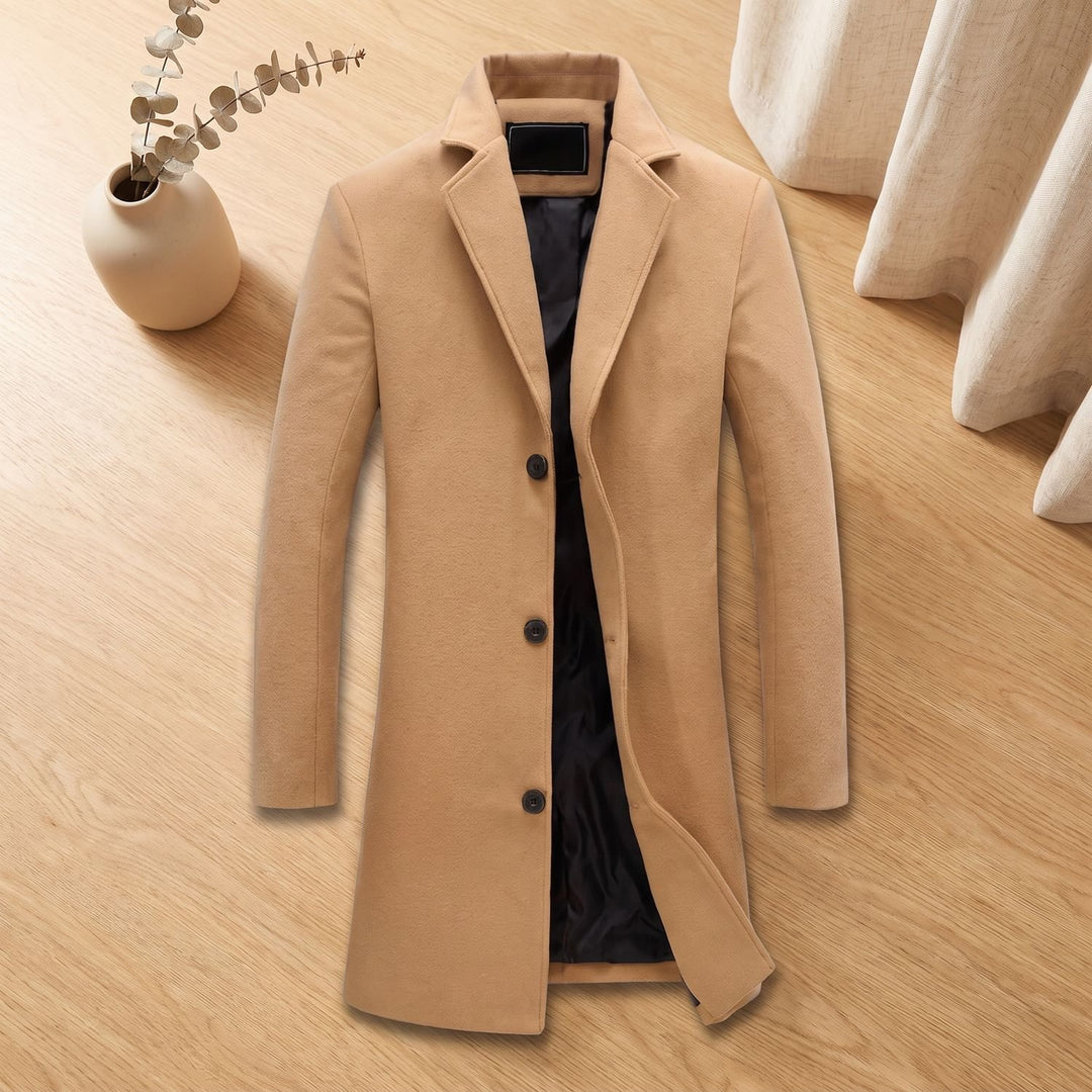 Men's Wool Blend Long Overcoat Notch-Lapel Button-Front