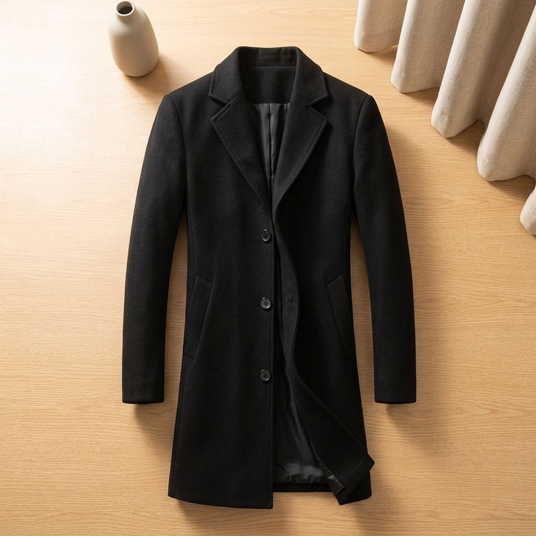 Men's Wool Blend Long Overcoat Notch-Lapel Button-Front