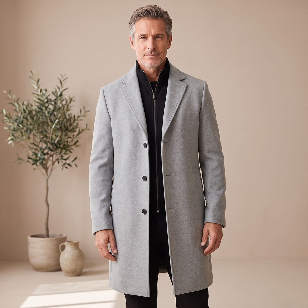 Men's Wool Blend Long Overcoat Notch-Lapel Button-Front