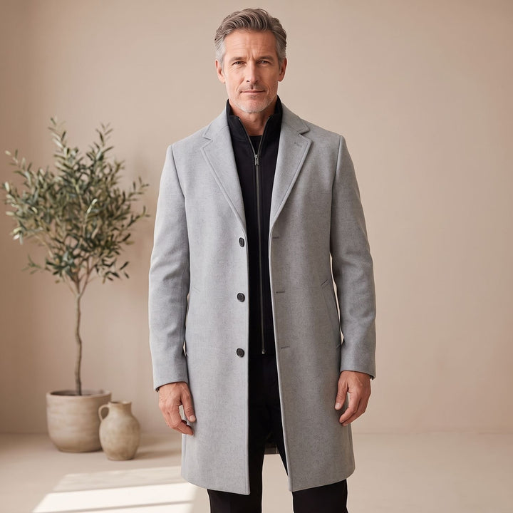 Men's Wool Blend Long Overcoat Notch-Lapel Button-Front