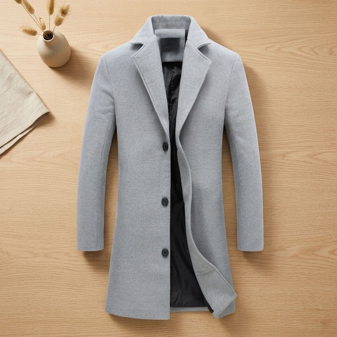 Men's Wool Blend Long Overcoat Notch-Lapel Button-Front - Light Gray