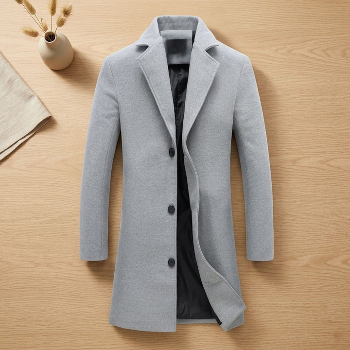 Men's Wool Blend Long Overcoat Notch-Lapel Button-Front - Light Gray