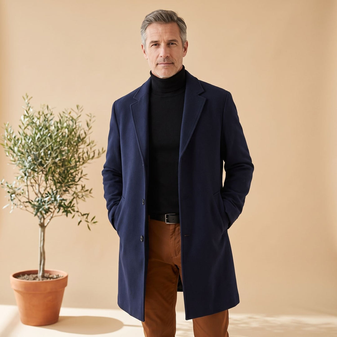 Men's Wool Blend Long Overcoat Notch-Lapel Button-Front - Navy Blue