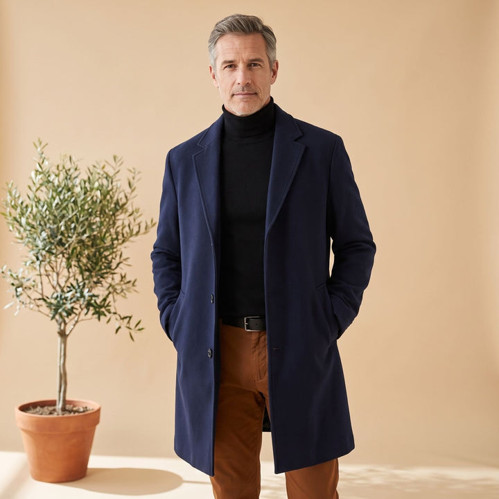 Men's Wool Blend Long Overcoat Notch-Lapel Button-Front - Navy Blue