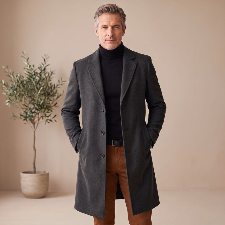 Men's Wool Blend Long Overcoat Notch-Lapel Button-Front - Dark Gray