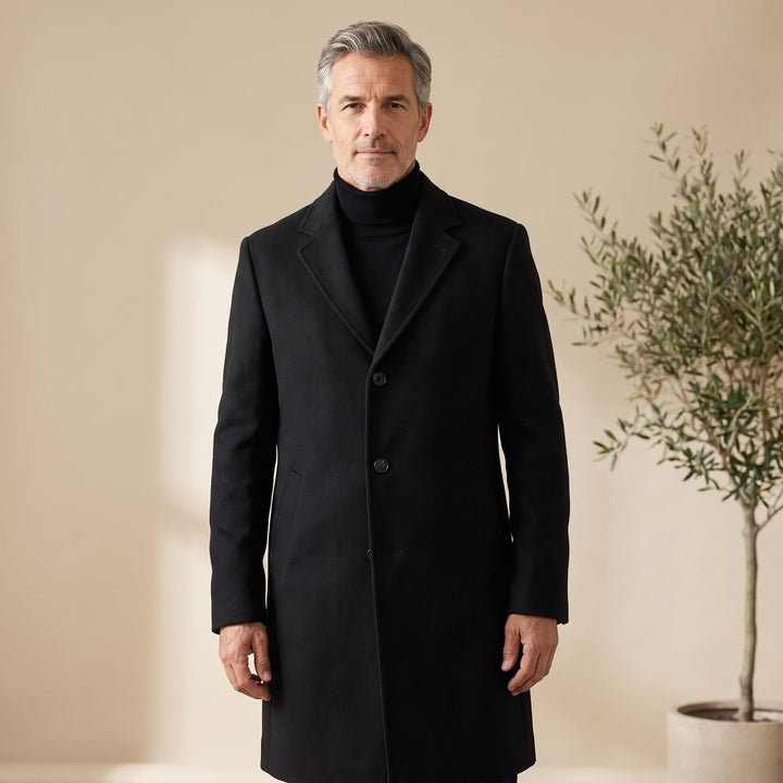 Men's Wool Blend Long Overcoat Notch-Lapel Button-Front