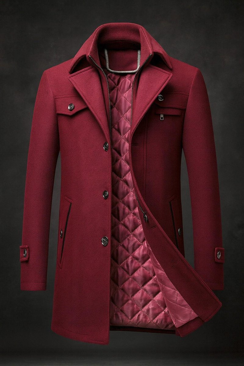 Men's Wool Coat Double-Collar Quilted-Lined Overcoat - Burgundy