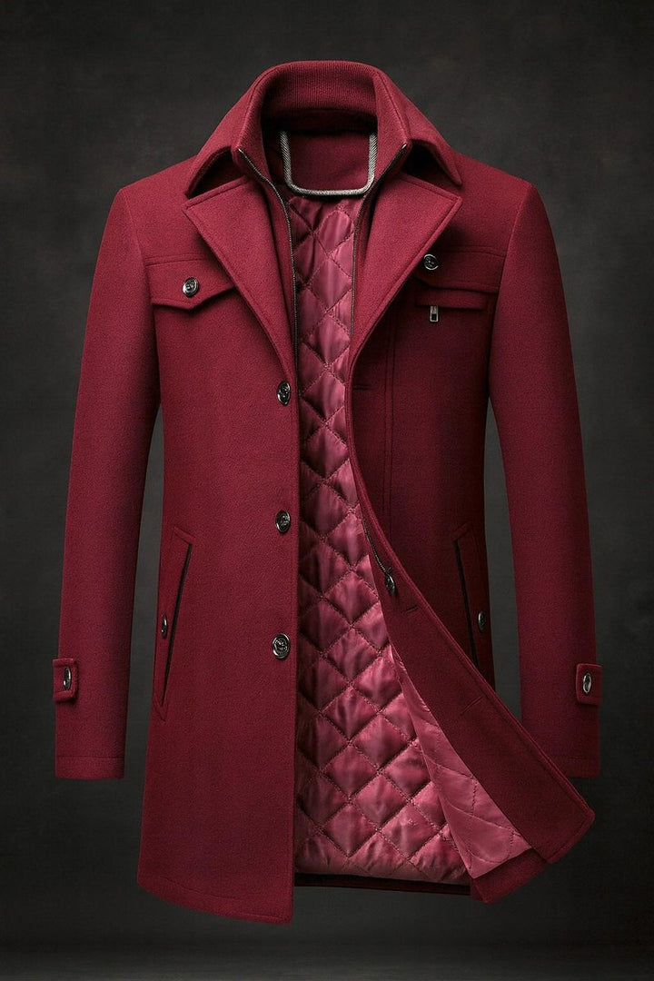 Men's Wool Coat Double-Collar Quilted-Lined Overcoat - Burgundy