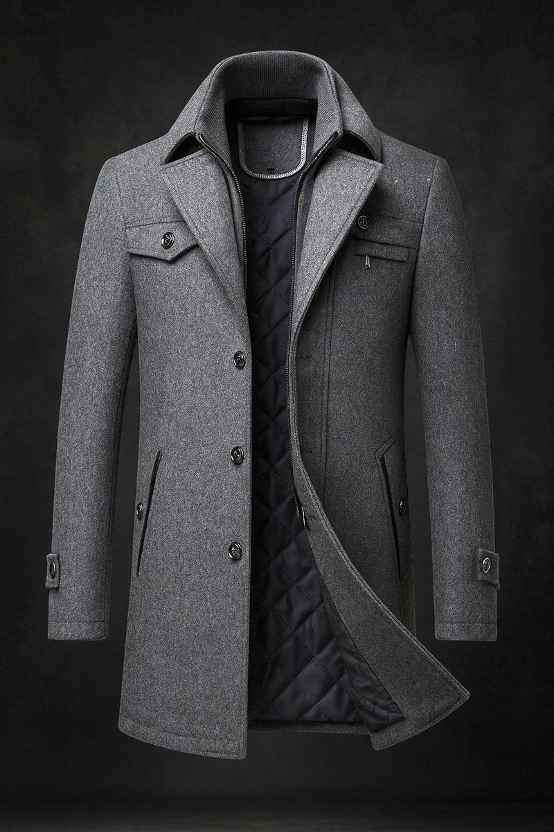 Men's Wool Coat Double-Collar Quilted-Lined Overcoat - Gray