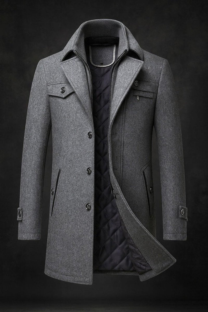 Men's Wool Coat Double-Collar Quilted-Lined Overcoat - Gray