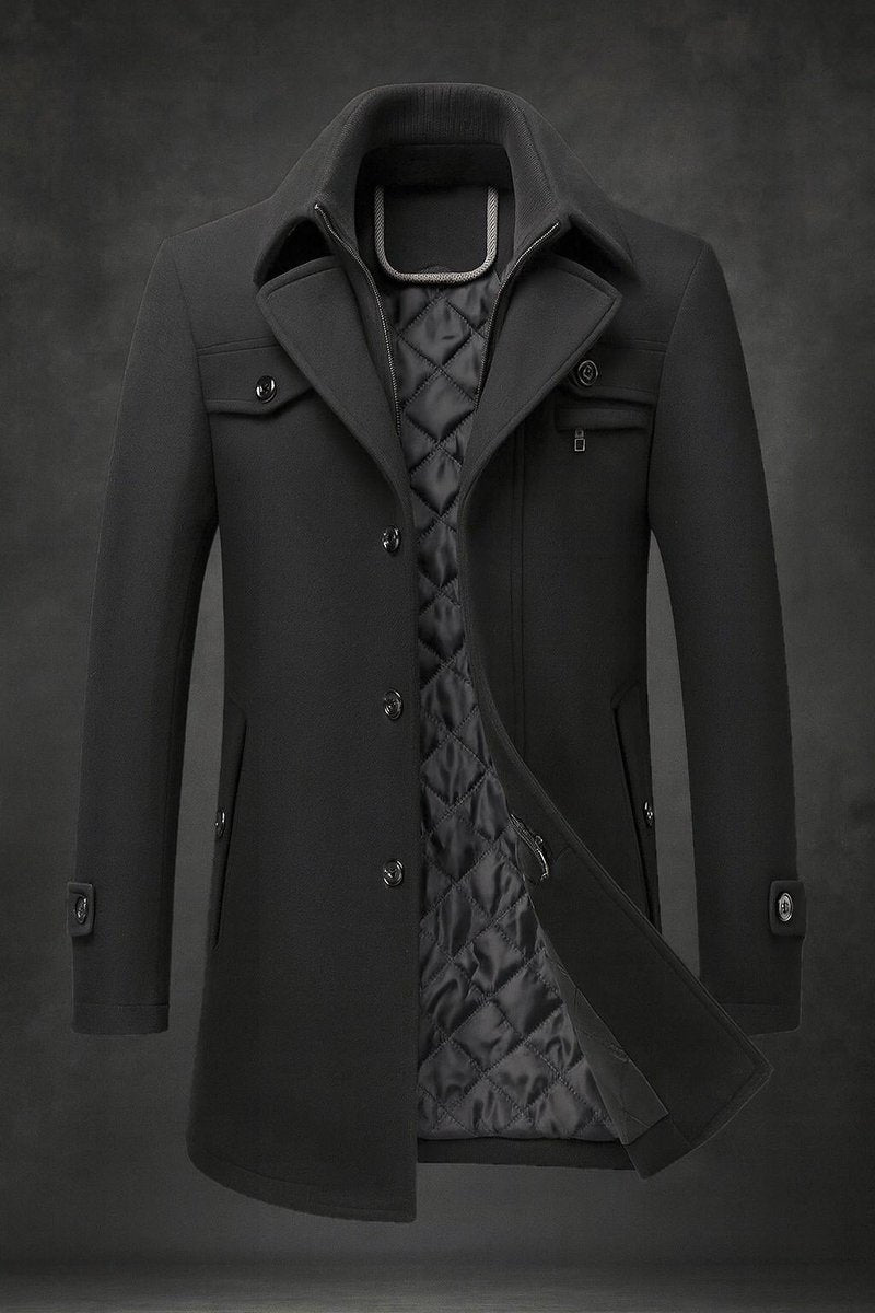Men's Wool Coat Double-Collar Quilted-Lined Overcoat - Black