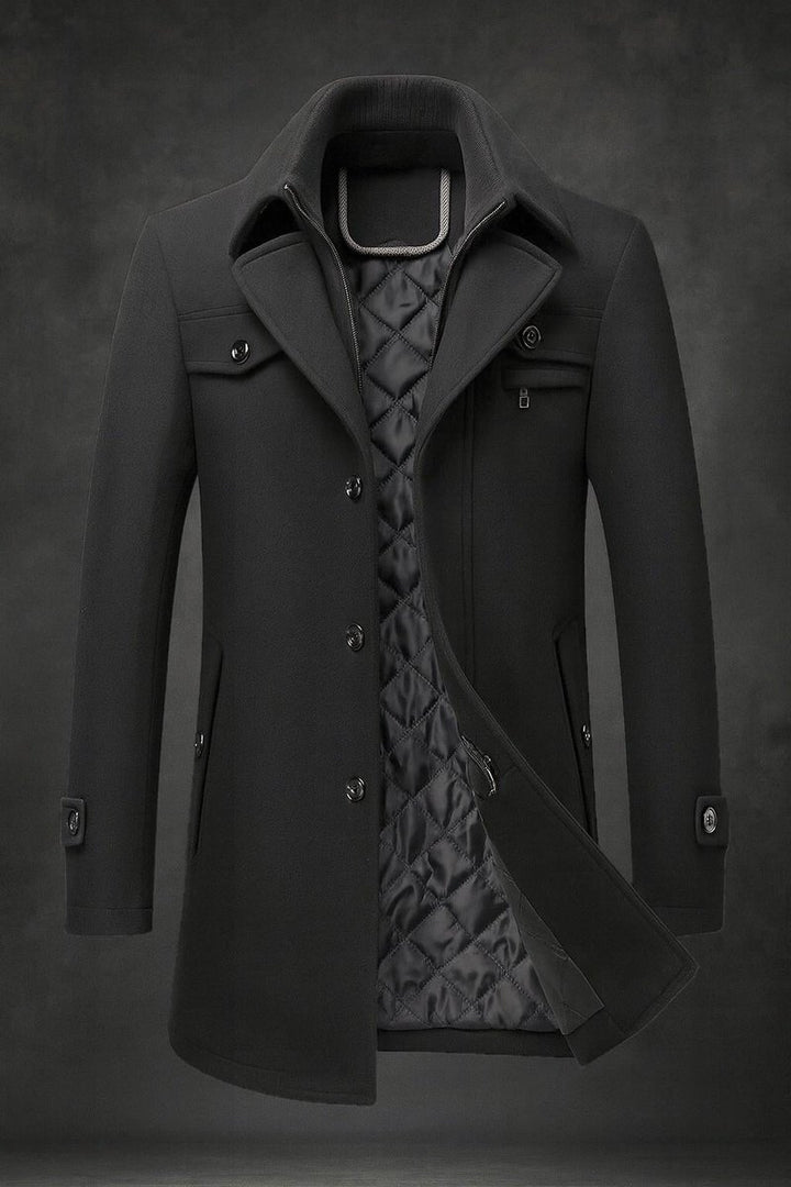 Men's Wool Coat Double-Collar Quilted-Lined Overcoat - Black