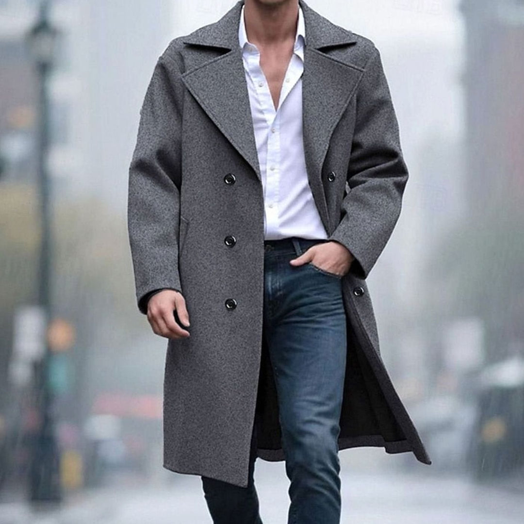 Men's Wool Double-Breasted Tailored Long Overcoat