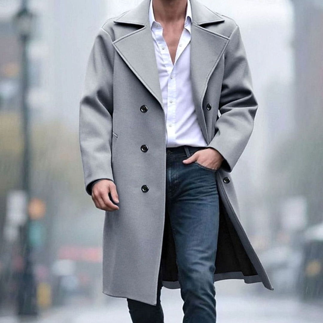 Men's Wool Double-Breasted Tailored Long Overcoat - Light Grey