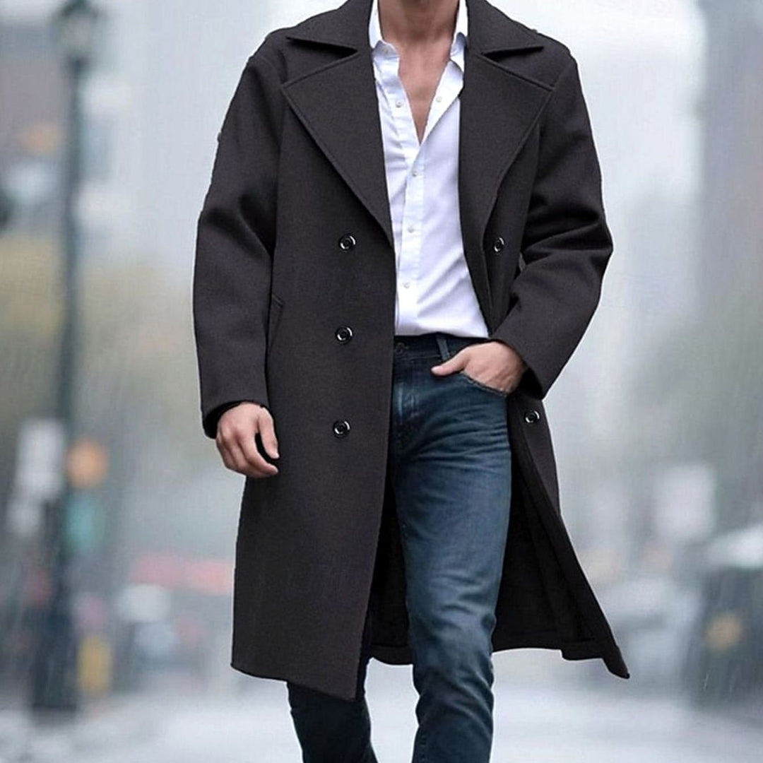 Men's Wool Double-Breasted Tailored Long Overcoat - Black
