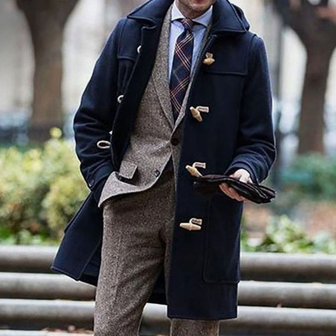Men's Wool Hooded Toggle-Closure Long Overcoat - Dark Blue