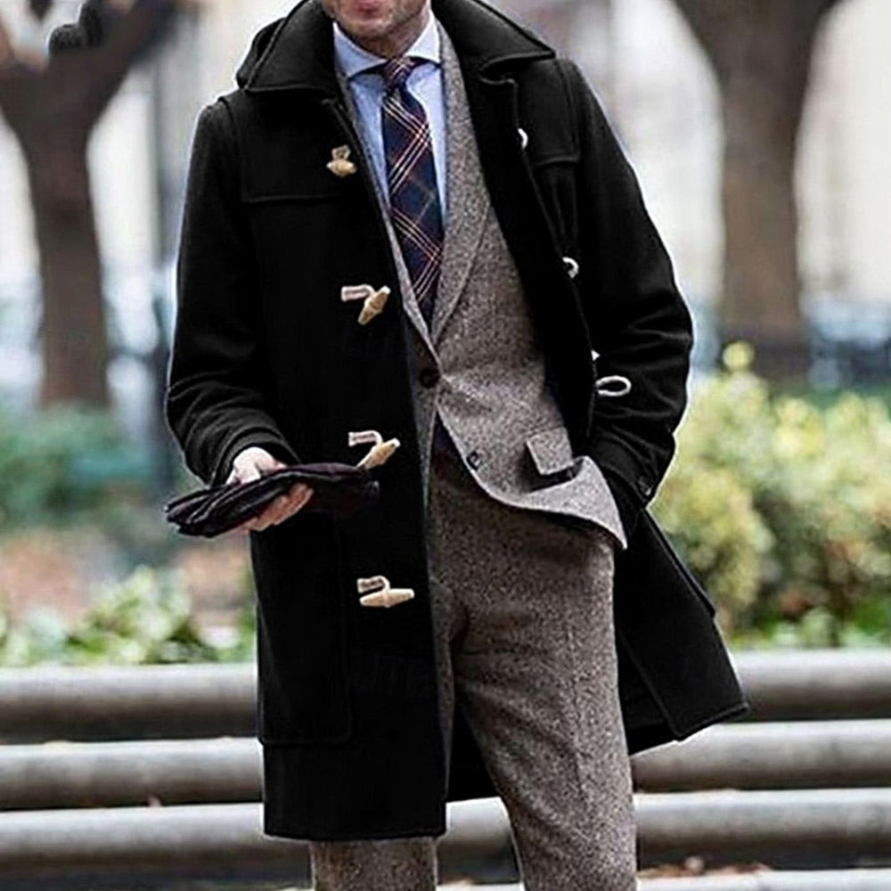 Men's Wool Hooded Toggle-Closure Long Overcoat - Black