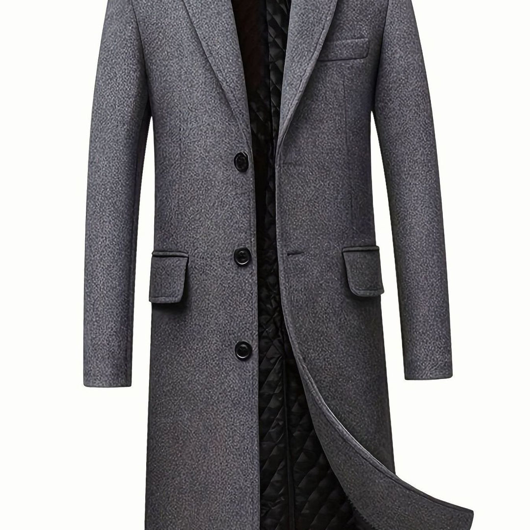 Men's Wool Long Overcoat Tailored Button-Front Trench Coat - Grey