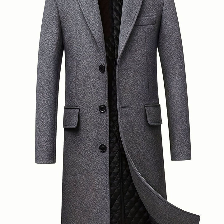 Men's Wool Long Overcoat Tailored Button-Front Trench Coat - Grey