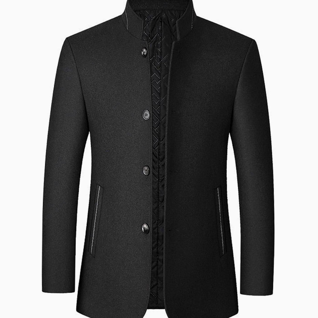 Men's Wool Stand-Collar Tailored Overcoat - Black