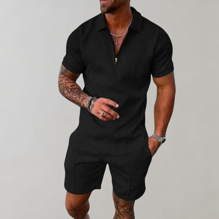 Men's Zip Polo Matching Shorts Two-Piece Set - Black