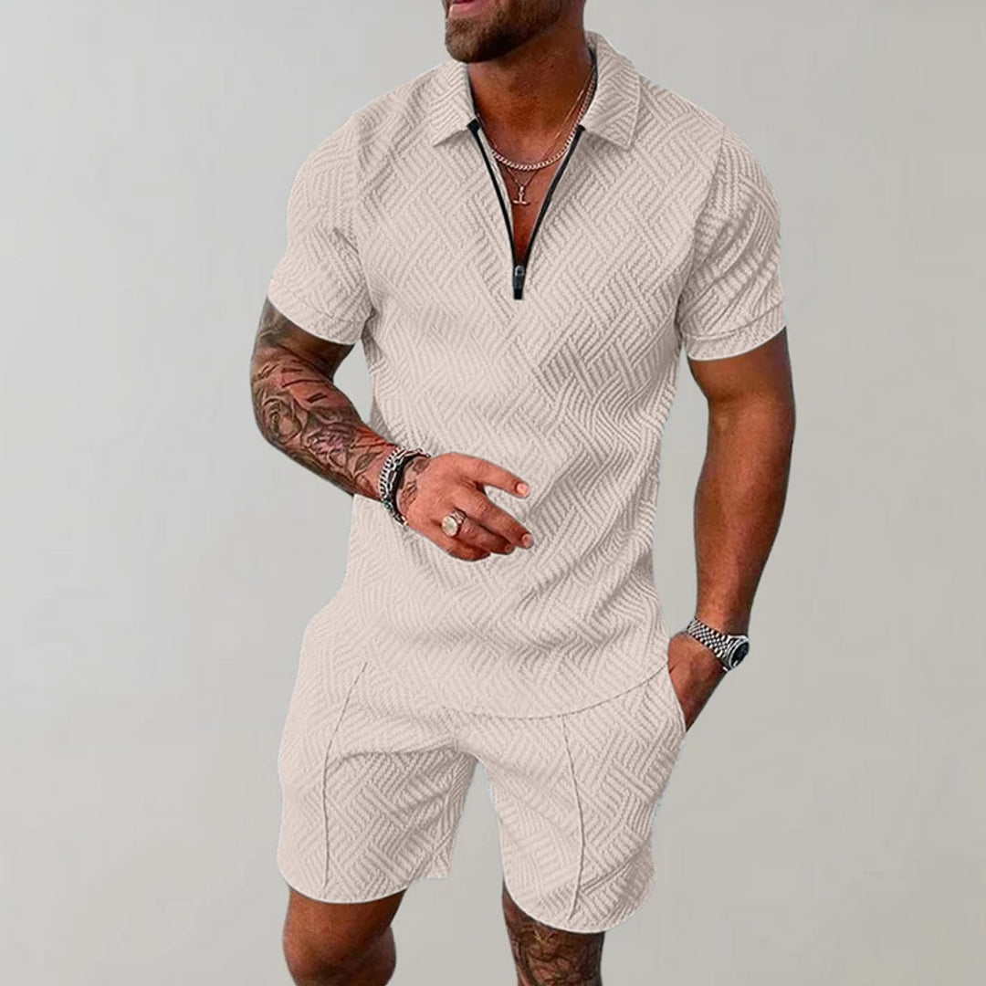 Men's Zip Polo Matching Shorts Two-Piece Set - Beige