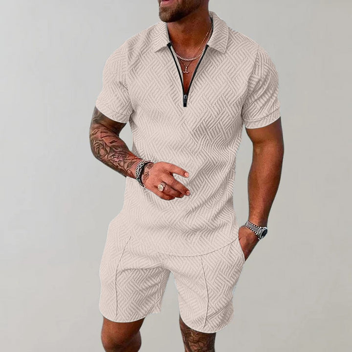 Men's Zip Polo Matching Shorts Two-Piece Set - Beige