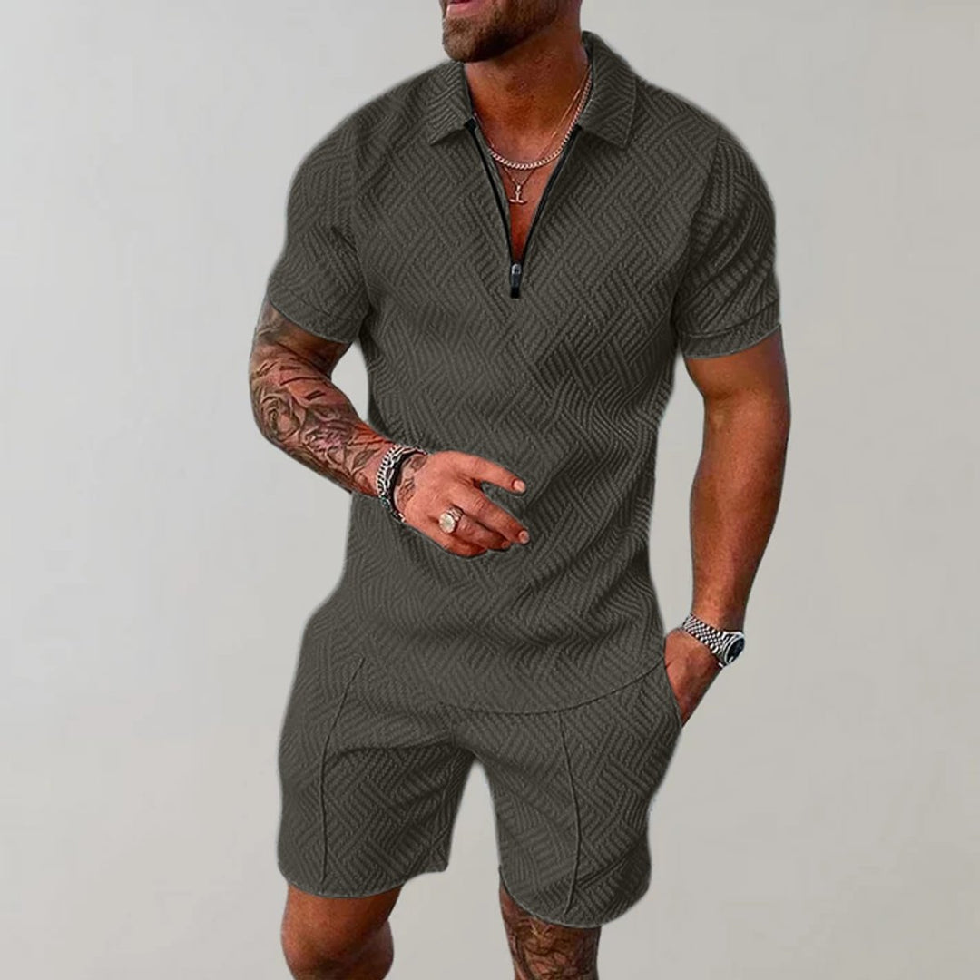 Men's Zip Polo Matching Shorts Two-Piece Set - Green