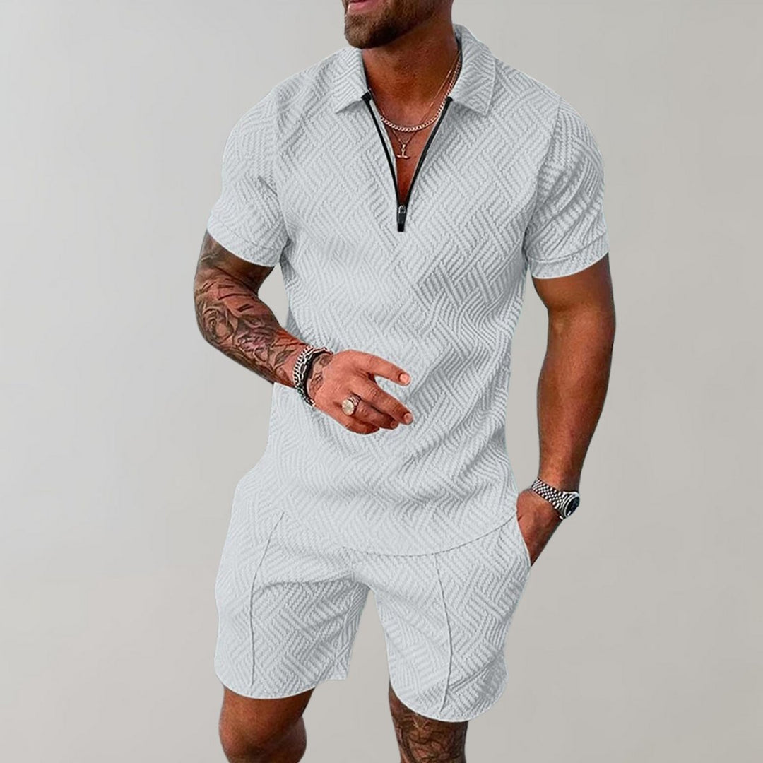 Men's Zip Polo Matching Shorts Two-Piece Set - White