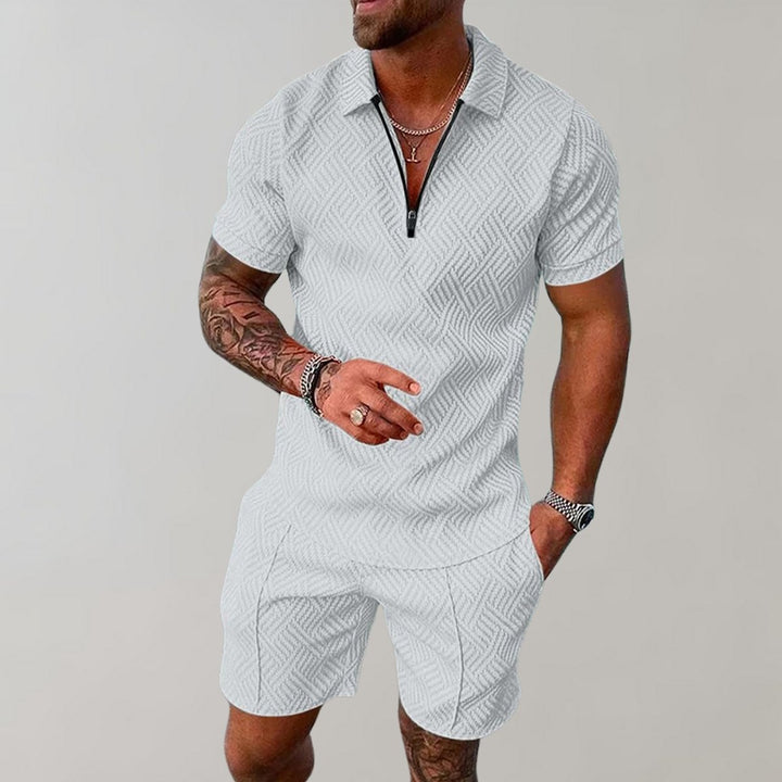 Men's Zip Polo Matching Shorts Two-Piece Set - White
